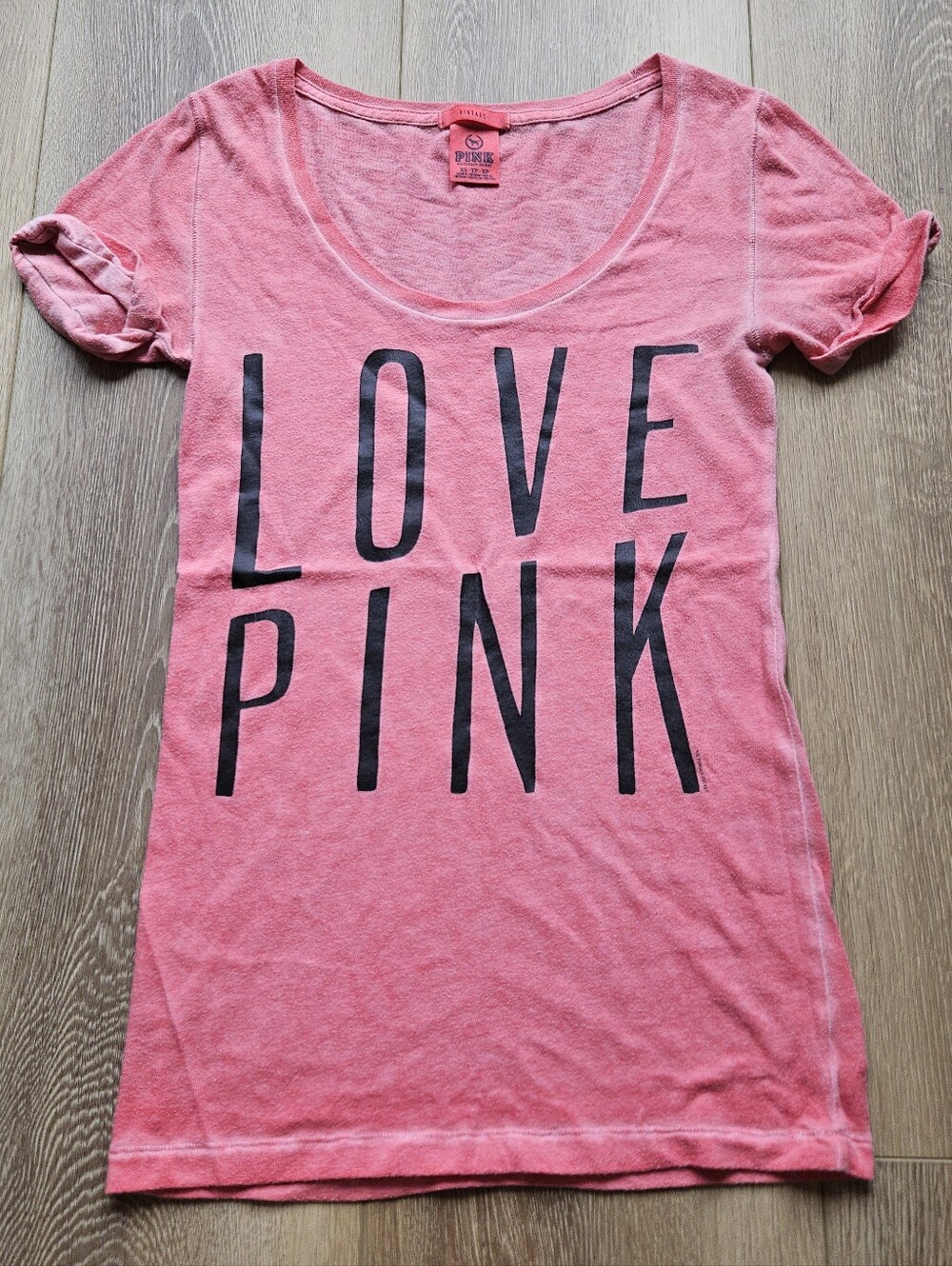 Victoria's Secret LOVE PINK Vintage Washed Red Scoop Neck Short Sleeve Tee Shirt